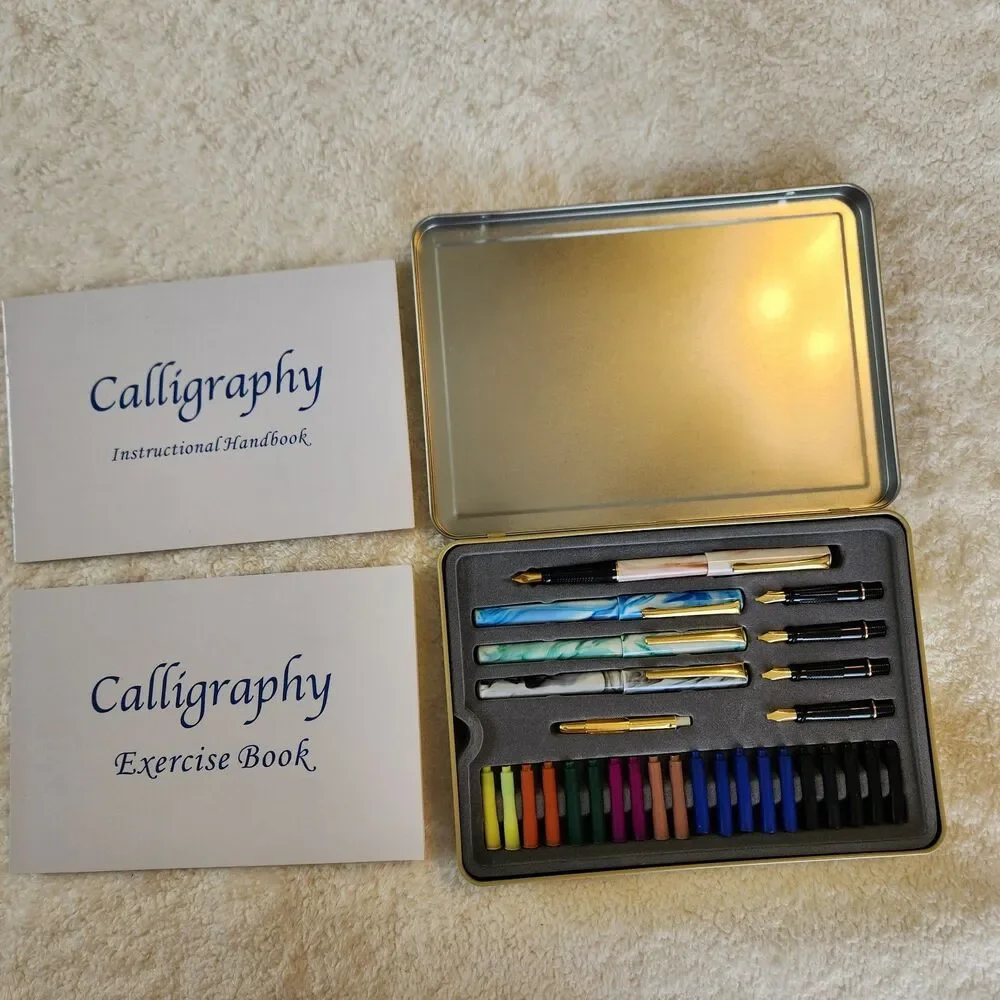 Calligraphy Set In Metal Tin w/4 Pens/5 Nibs/20 Ink Cartridges/Instructions